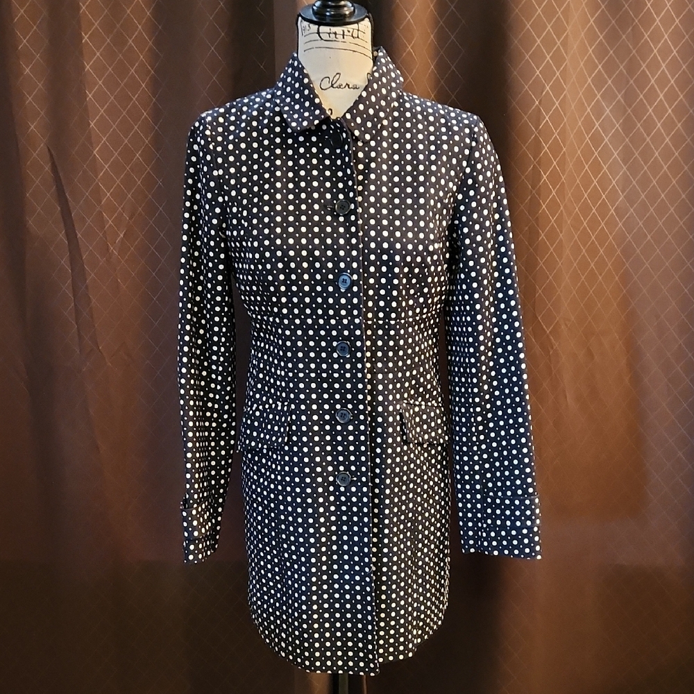LOFT Black and White Trench Coat with Polka Dot Pattern